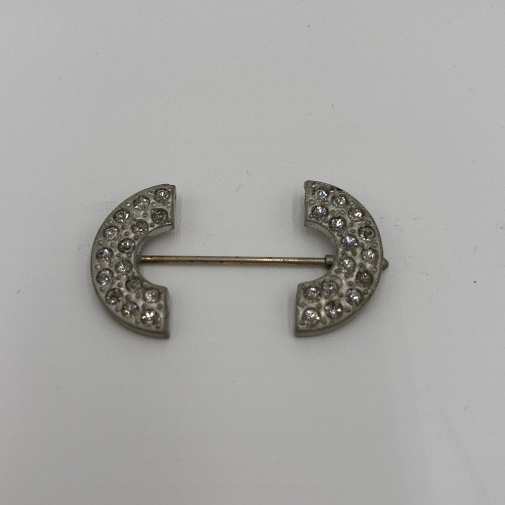 Vintage Art Deco Rhinestone Crescent Brooch / Dress Clip Silver Tone 1930s